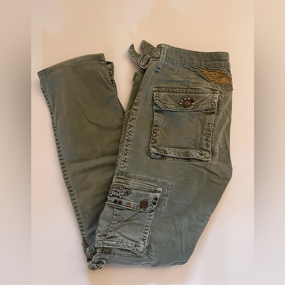 Robin's Jean Military Pant Air Force Green Cargo Rhinestone - Women's Sz 28